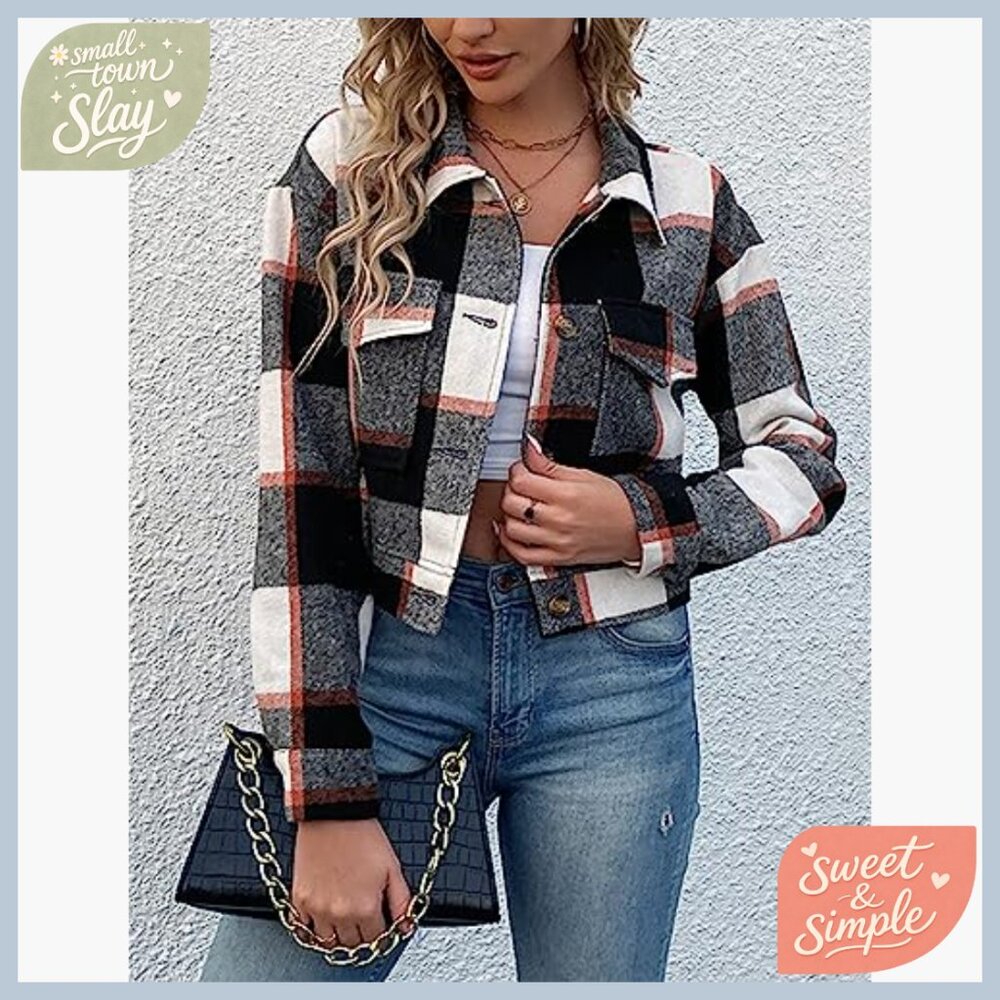 Flannel Cropped Plaid Shacket Jacket Button Down … - image 4